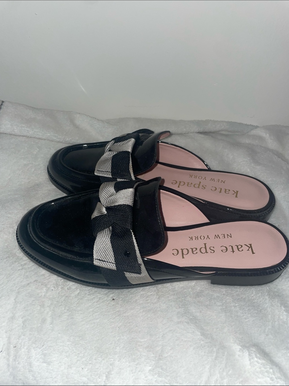 kate spade Black Patent Leather Slip-On Mules with Cream Bow Accent - Picture 3 of 5